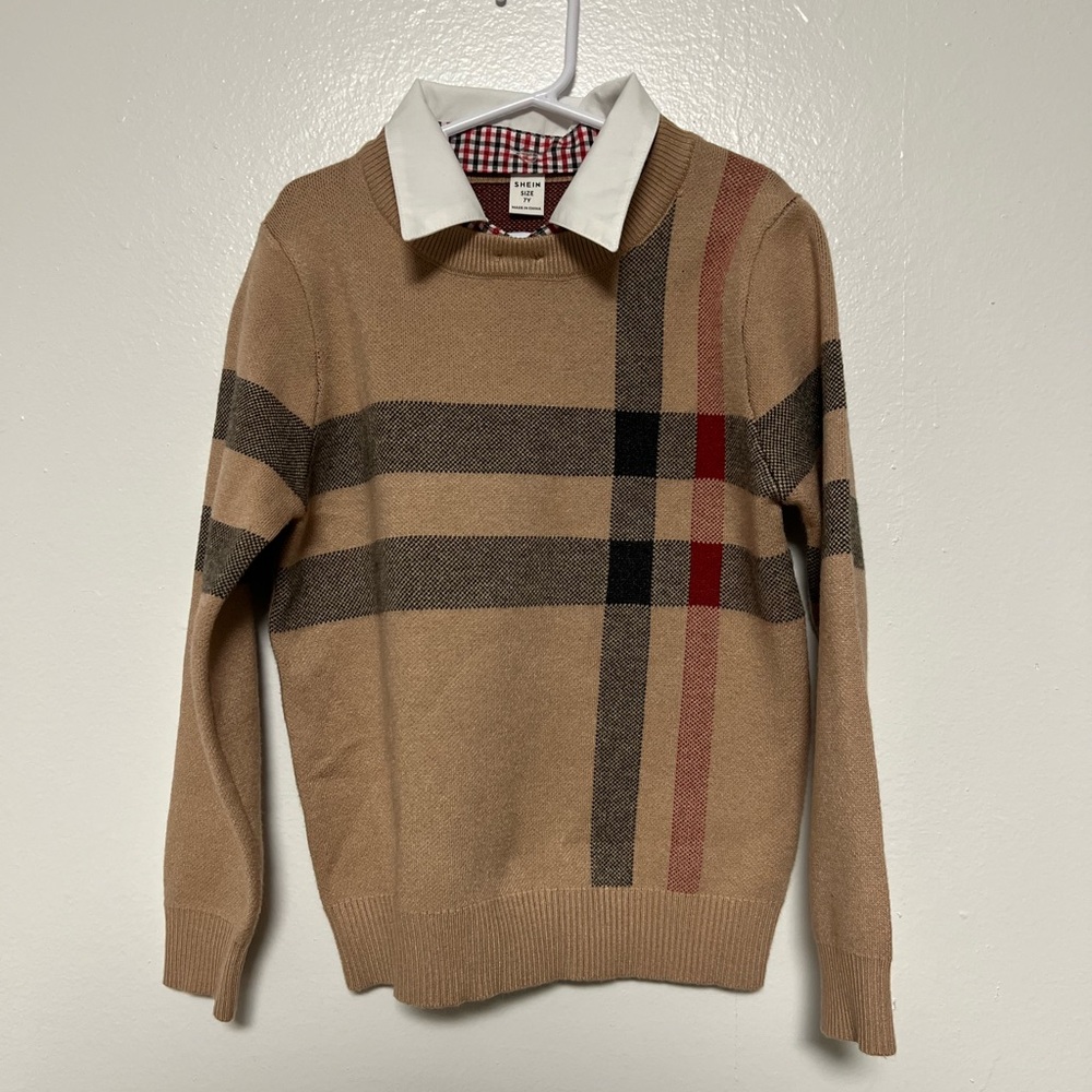 SHEIN Young Boy Plaid Pattern Contrast collar sweater size 7Y Brown